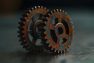 Rusty gears meshing on dark surface. Industrial background