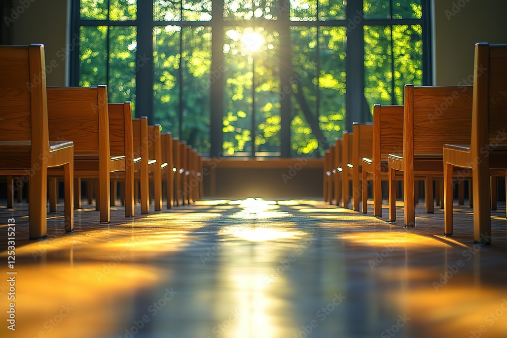 Poster sunlit rows of empty wooden chairs stand in a serene natural setting warm light streams through the 