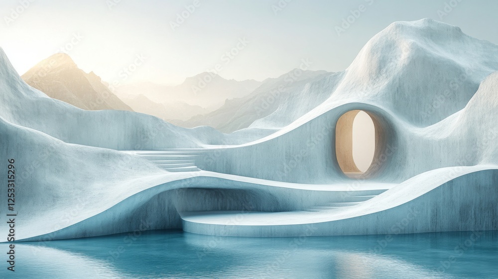 Poster serene sculpted landscape with minimalist architecture and tranquil pool reflection, evoking a sense
