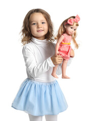 Cute little girl with doll on white background