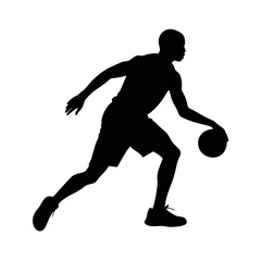 Silhouette of a basketball player dribbling the ball during a game