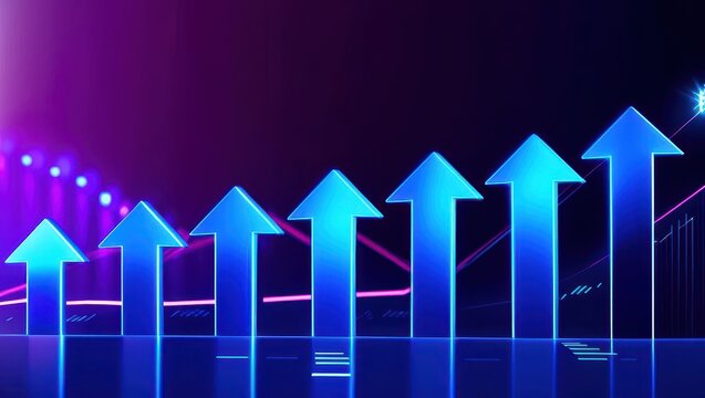 Stock market and business. Blue upward arrows against a vibrant background symbolizing growth and progress.