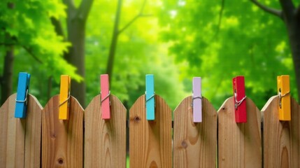 Colorful clothespins adorn a wooden fence against a vibrant green backdrop of nature