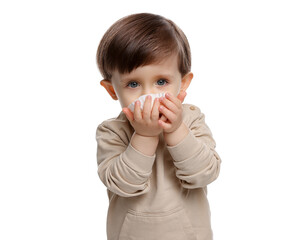 Cute little child eating tasty mochi on white background