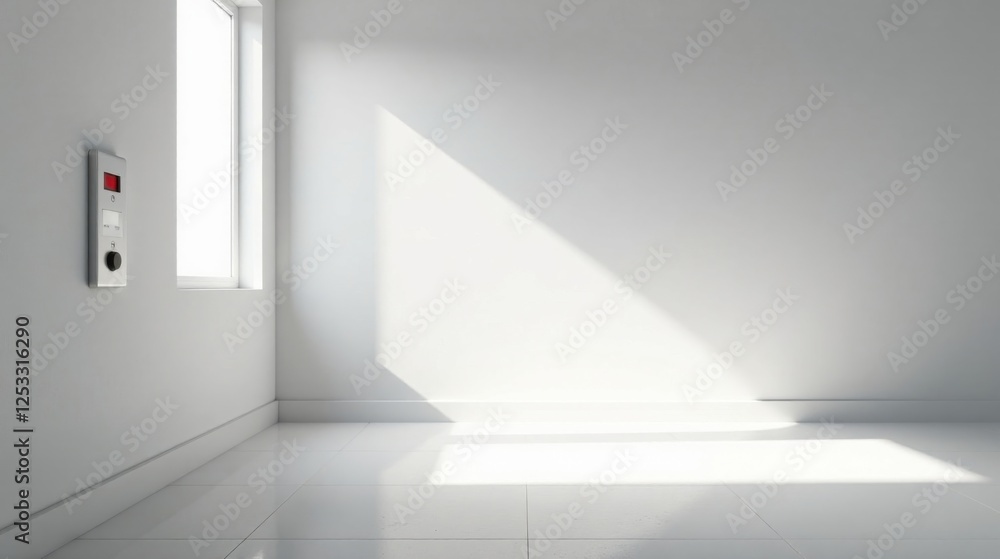 Poster minimalist interior scene featuring a wall-mounted control panel and sunlight streaming through a wi
