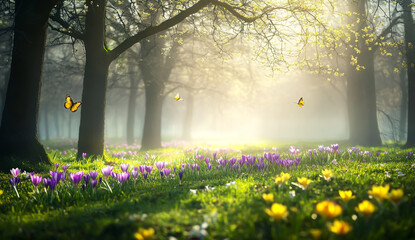 Obraz premium Beautiful Meadow in the Park with Crocuses and Daffodils, Trees Without Leaves