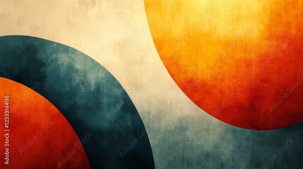 Poster ethereal abstract art with textured circles and flowing curves in modern design
