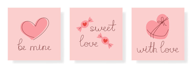 Valentines Day greeting card set. Festive square cards with handwritten inscriptions, decorative hearts and symbols of love. Romantic gift cards for lovers