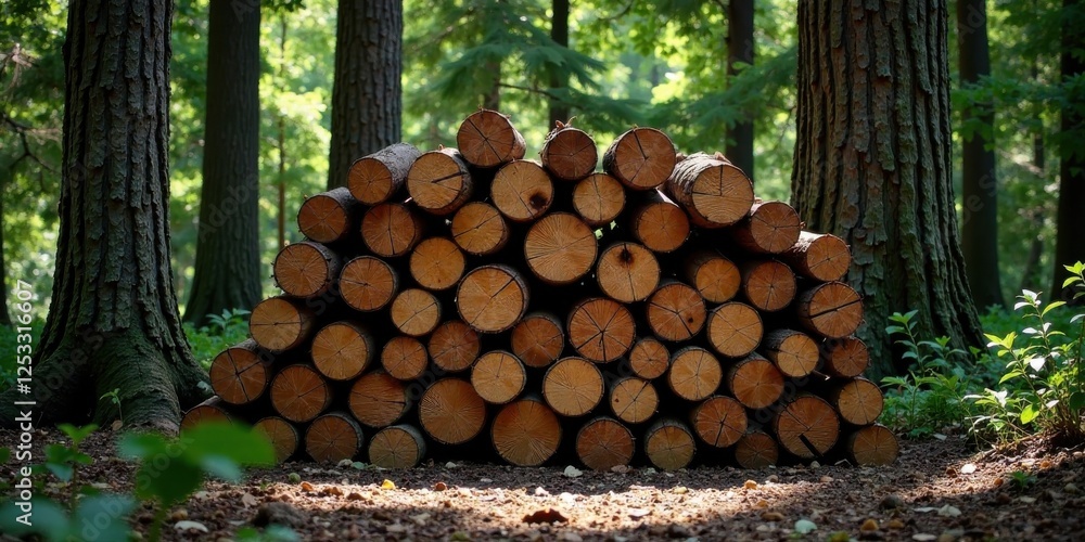 Poster a neatly stacked pile of logs rests in a sun-dappled forest clearing, surrounded by the towering tru