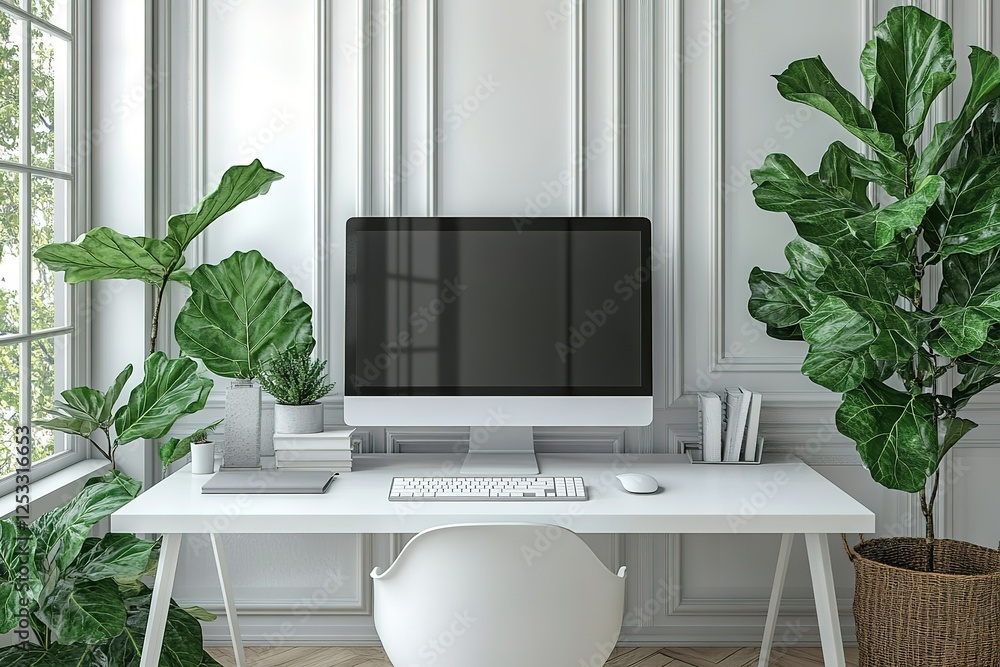 Aufkleber workspace with computer keyboard mouse books and plants; all white on white background light clean a