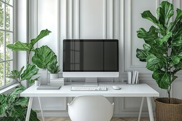Workspace with computer keyboard mouse books and plants; all white on white background Light clean and modern design