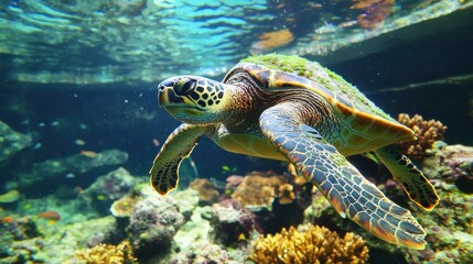 Fototapeta premium Underwater close-up of a sea turtle swimming near a coral reef, bright marine life in the background