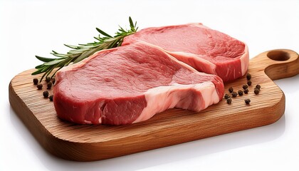 Fototapeta premium raw meat steaks on wooden board isolated on white background