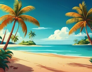 Obraz premium tropical resort landscape tropic island with palm and sand coast beach background cartoon summer vacation exotic outdoor tourism