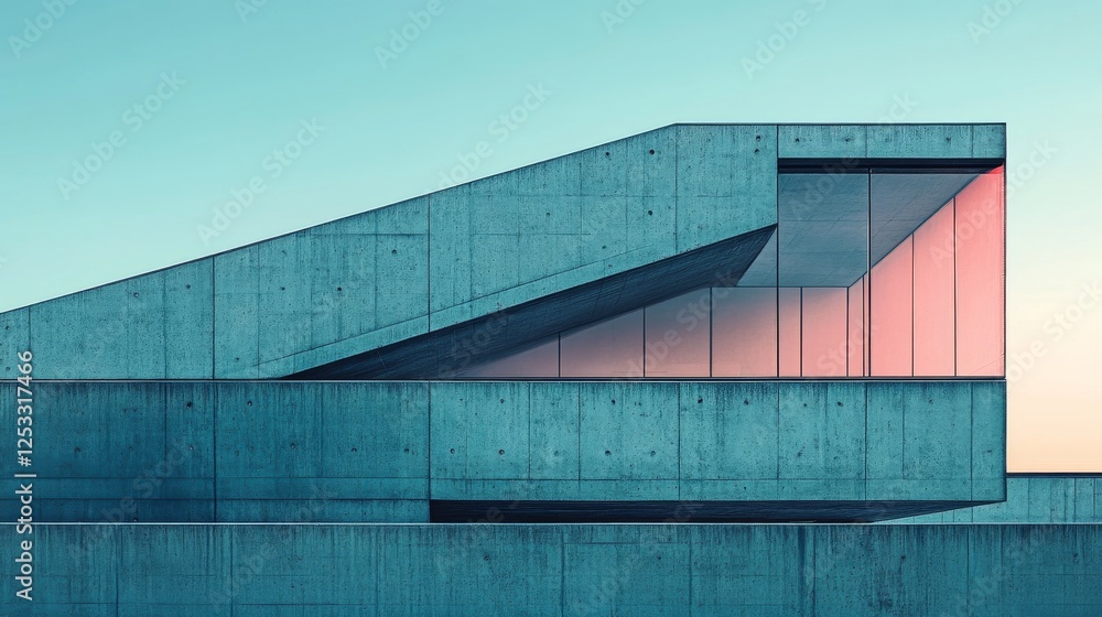 Poster geometric precision, modern concrete architecture bathed in serene light and showcasing dynamic line