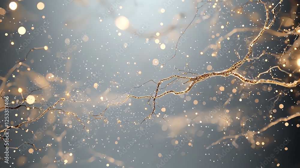 Poster abstract golden branches with glowing particles on a soft blue background, creating a magical atmosp