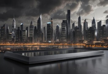 Obraz premium large metallic plate on a matte black brushed surface with a futuristic cityscape scene in the background, high-rise buildings, urban design, cityscape view