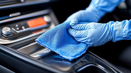 Close-up of a gloved hand cleaning a car interior with a microfiber cloth, showcasing attention to detail and car maintenance, ideal for automotive care and cleaning services.