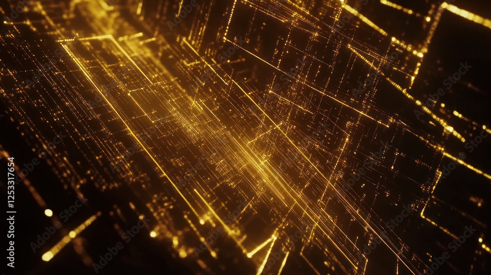 Poster golden network abstract background with glowing lines and dots perspective
