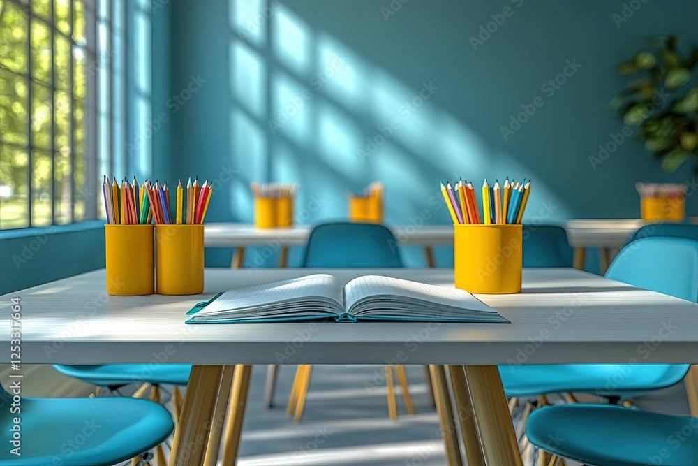 Poster classroom scene with colored pencils in yellow containers and an open notebook on a white table bath
