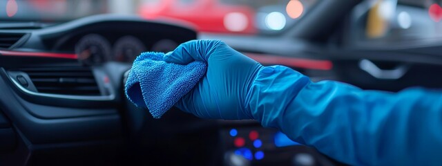 Close-up of a gloved hand cleaning a car interior with a microfiber cloth, showcasing attention to detail and car maintenance, ideal for automotive care and cleaning services.