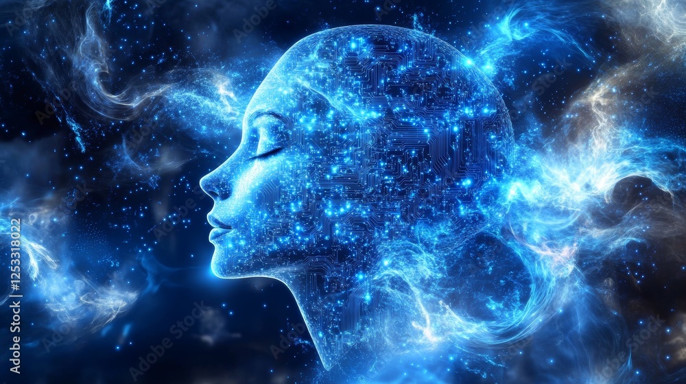 Poster abstract digital human face profile with interconnected circuits and binary code on blue background