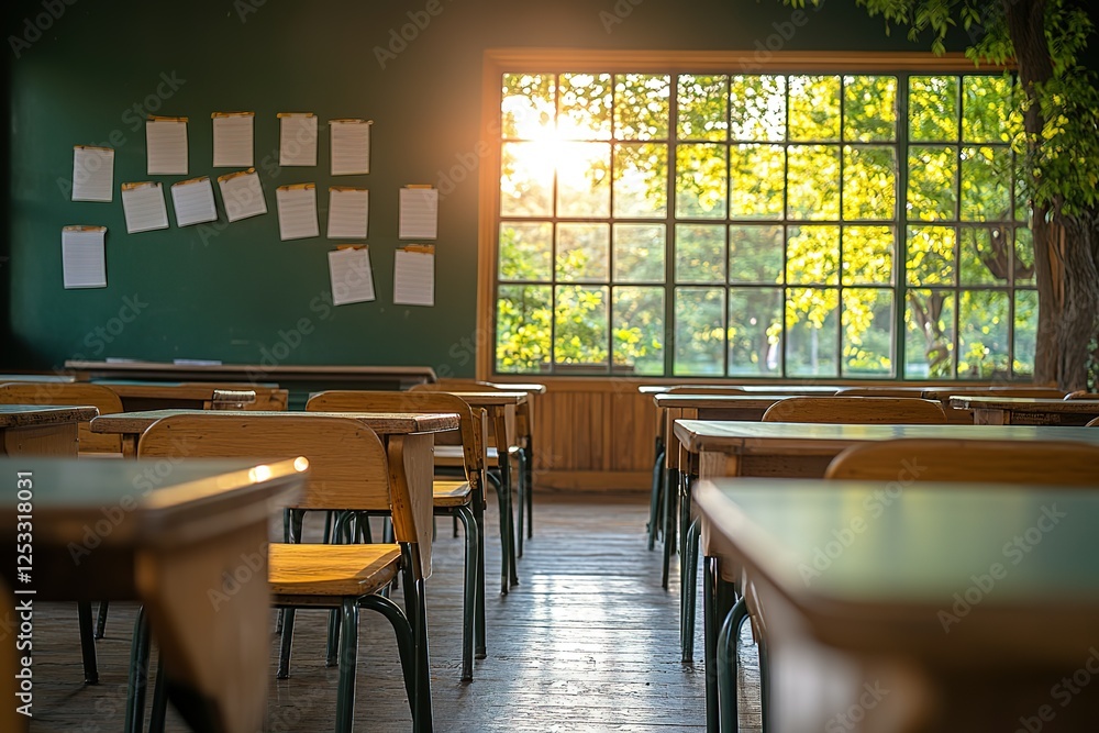 Poster classroom interior: sunlight streams through a window illuminating wooden desks and a chalkboard an 