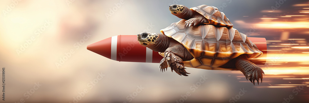 Poster tortoise riding on rocket, soaring through sky with speed and excitement. scene captures whimsical a