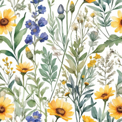 Wild flowers watercolor seamless pattern botanical hand drawn illustration