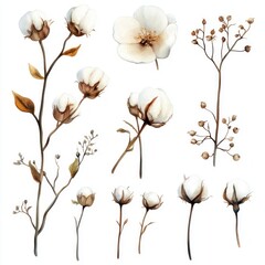 Watercolor Cotton Plant Collection, Botanical Illustration, Design Elements