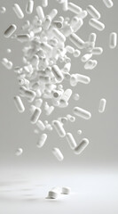 Falling White Pharmaceutical Capsules on Minimalist Background