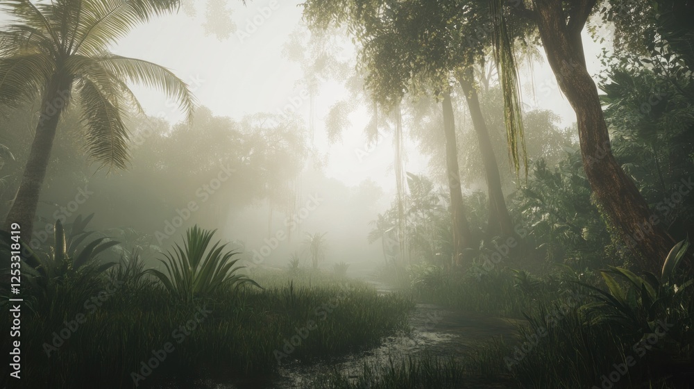 Aufkleber misty jungle path with lush greenery and soft sunlight filtering through trees