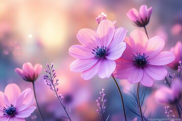 Fototapeta premium A delicate dance of purple and pink blossoms in the sunlight nature's soft symphony of floral beauty