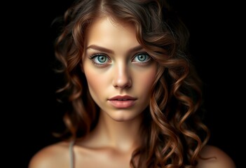 Naklejka premium Female portrait with curly brown hair and green eyes