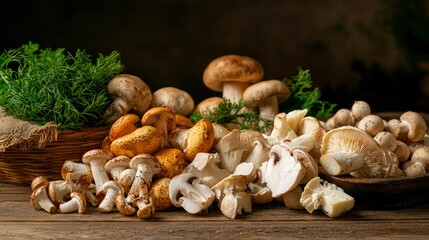 Variety of mushrooms on rustic wooden table