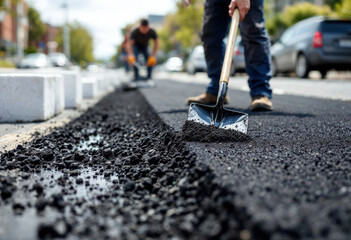Workers lay asphalt on a busy city street while constructing a new road section in a sunlit urban area