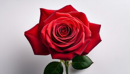 Fototapeta premium A red hybrid tea rose blooming isolated on a white background. Rose flower is symbol of love, desire, romance, and gifts for anniversaries or Valentine's Day.