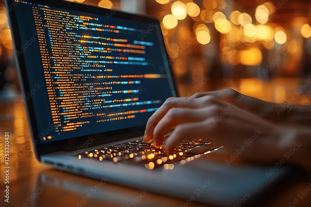 Poster coding on a laptop: a developer types code on a laptop in a warm blurred environment