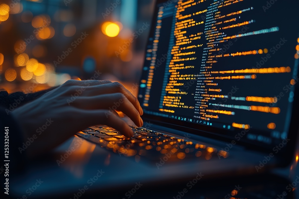 Poster coding at night: hands type on a laptop with lines of glowing code filling the screen lights blurrin