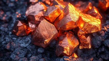 Close-up of raw copper ore with shiny copper metal texture, set against a blue-black earthy stone background, showcasing the natural beauty of mineral extraction and mining.