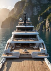 Luxury yacht with large sun deck and modern features docked in a picturesque fjord , marina, sleek, outdoor space