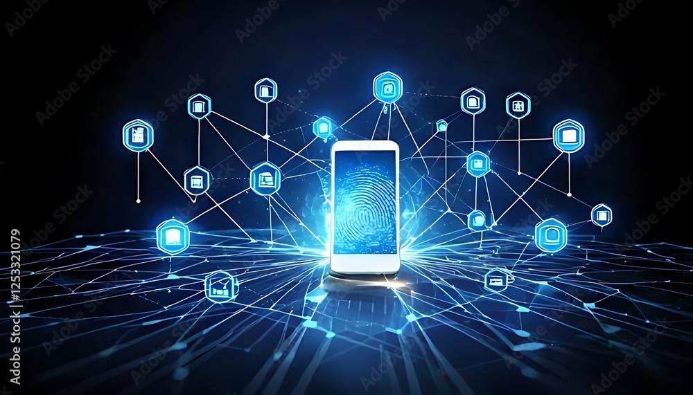 Poster a smartphone with a fingerprint on screen is connected to a digital network.