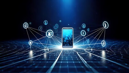 A smartphone on a glowing network connects to several digital services.
