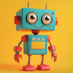 Fototapeta premium Cute retro robot toy on yellow background