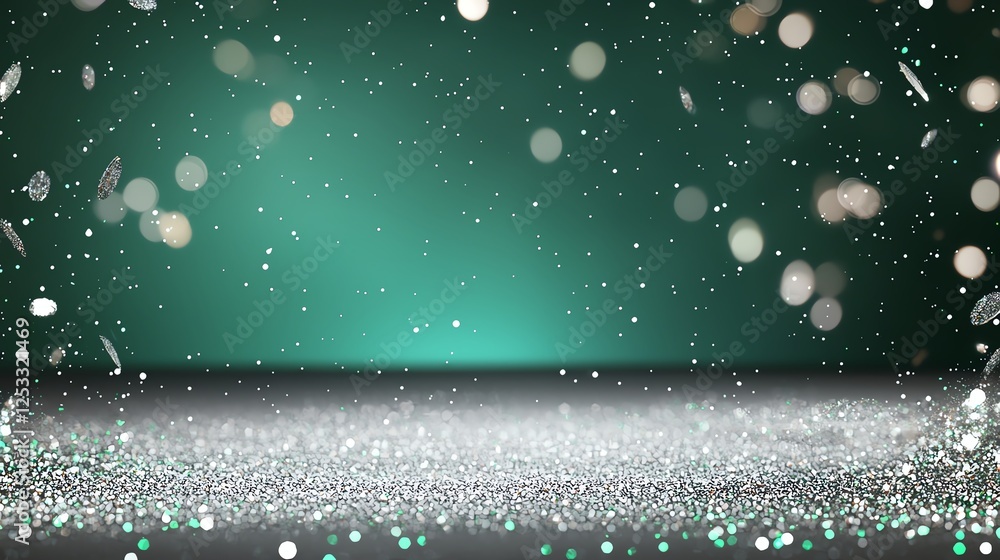 Poster abstract green bokeh lights on a soft glittery surface, creating a festive, sparkling atmosphere.