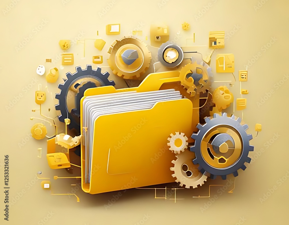 Poster a yellow folder is surrounded by gears, circuits, and icons representing digital information process