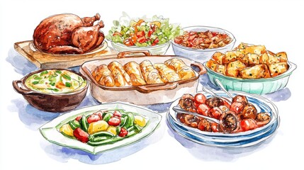 Fototapeta premium Casual Friday office potluck, homemade dishes, warm and inviting team spirit, Watercolor