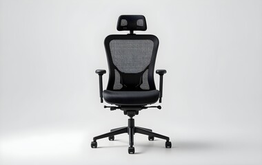 Fototapeta premium Ergonomic black office chair on white background, front view of black office hair on white background for good posture 