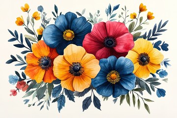 Vibrant watercolor flowers in a colorful arrangement featuring various blooms and lush foliage on a neutral background