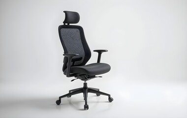 Fototapeta premium Ergonomic office chair mockup on white background, side view of black office chair for work from home setup